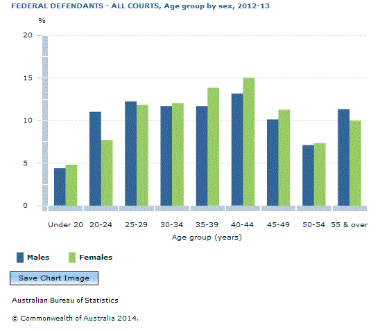 Graph Image for FEDERAL DEFENDANTS - ALL COURTS, Age group by sex, 2012-13